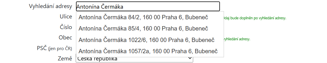 Výběr z registru RÚIAN